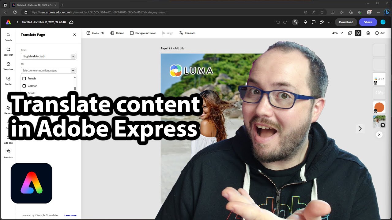 pughcomputers's tweet card. Translate your designs into different languages in Adobe Express