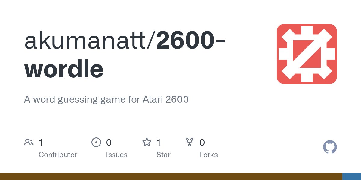 scottfox's tweet card. A word guessing game for Atari 2600. Contribute to akumanatt/2600-wordle development by creating an account on GitHub.