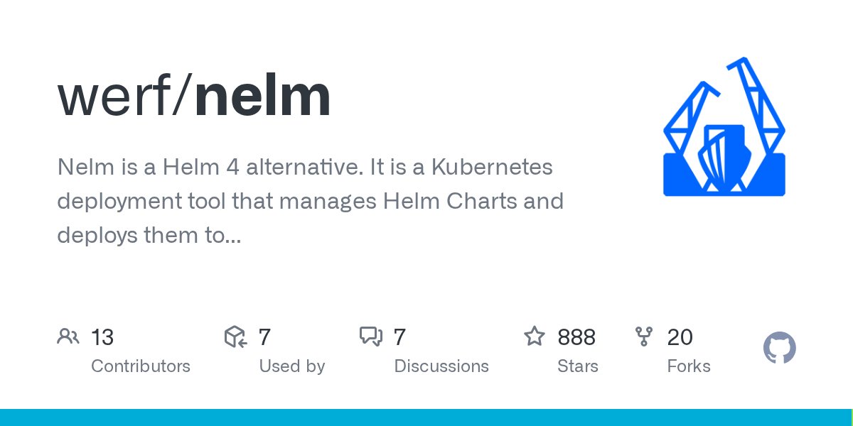 DevopsDiscu's tweet card. Nelm is a Helm 4 alternative. It is a Kubernetes deployment tool that manages Helm Charts and deploys them to Kubernetes. The Nelm goal is to provide a modern alternative to Helm, with long-standin...