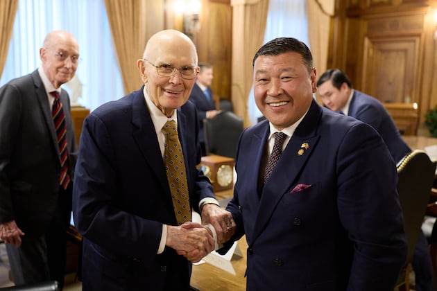 ldsconf's tweet card. President Dallin H. Oaks and the First Presidency hosted a visit from the ambassador of Mongolia to the United States at Church headquarters.