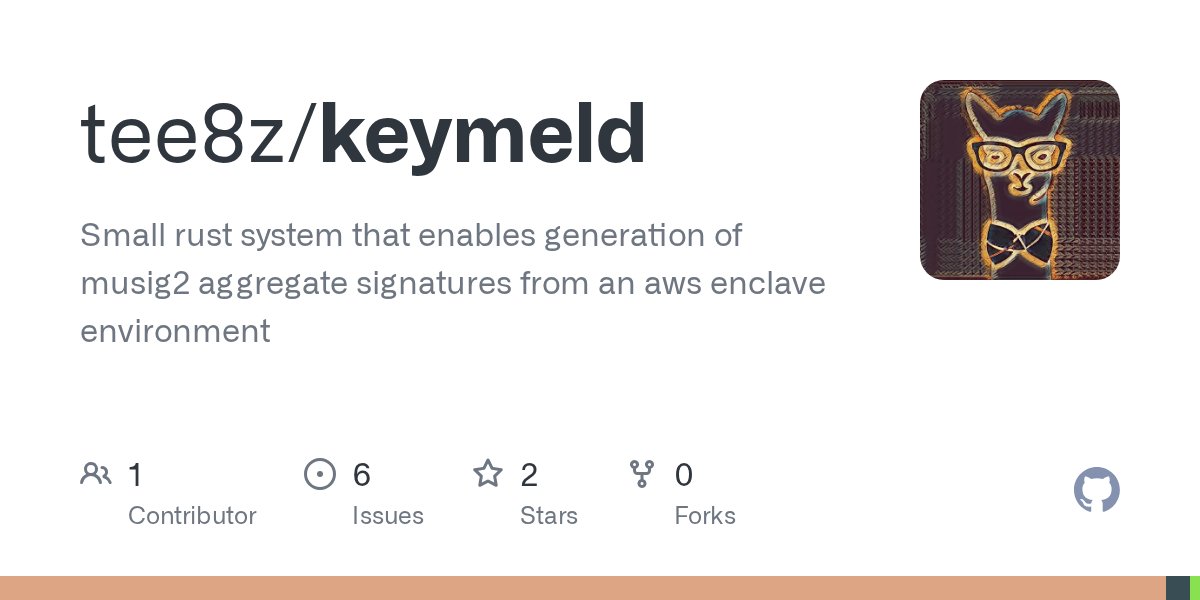 Tee8z's tweet card. Small rust system that enables generation of musig2 aggregate signatures from an aws enclave environment - tee8z/keymeld