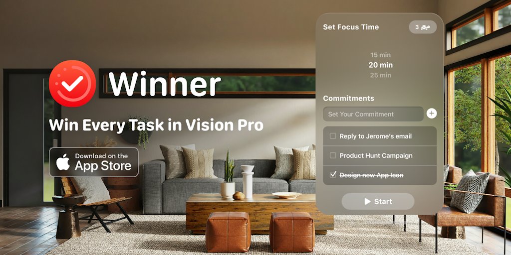MichalLangmajer's tweet card. Win all your tasks in Apple Vision Pro with Winner: a Pomodoro Timer with integrated To Do List that enhances focus, reduces burnout, and keeps you motivated through a unique accountability system....