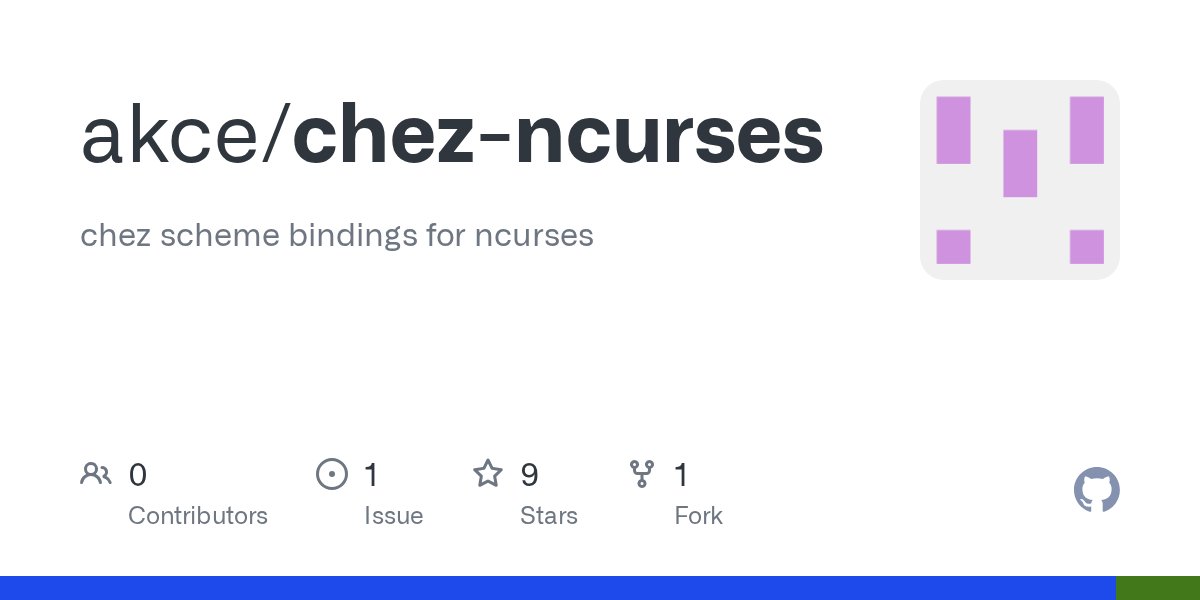jlam55555's tweet card. chez scheme bindings for ncurses. Contribute to akce/chez-ncurses development by creating an account on GitHub.