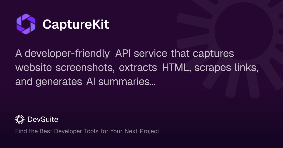devsuiteco's tweet card. A developer-friendly API service that captures website screenshots, extracts HTML, scrapes links, and generates AI summaries with simple HTTP requests.