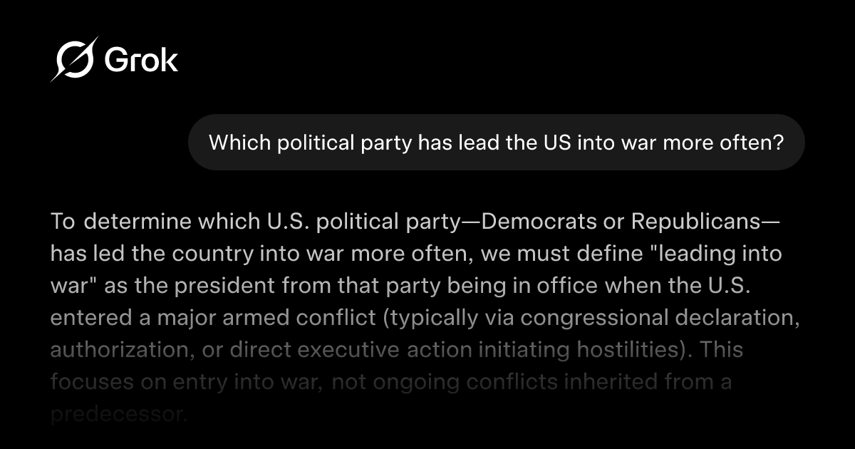liquidleashband's tweet card. Which political party has lead the US into war more often?
