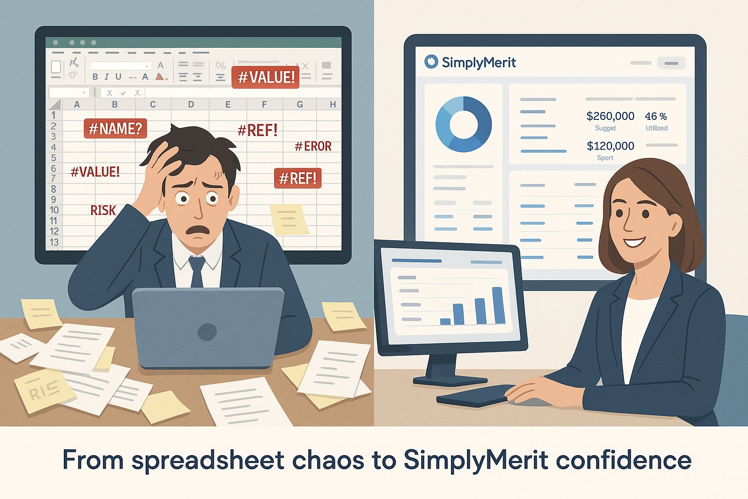 simplymerithr's tweet card. Nearly 90% of spreadsheets contain errors. HR can’t afford the risk. Discover how SimplyMerit replaces spreadsheets with security and accuracy.