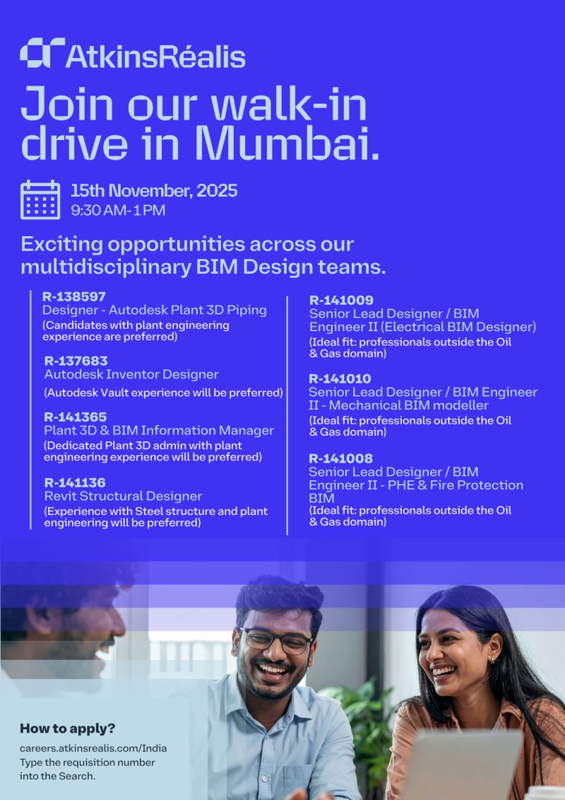 cxplacements's tweet card. Attend the AtkinsRéalis Walk-In Drive in Mumbai on 15 Nov 2025 for BIM Design roles. Join one of the world’s top engineering firms.