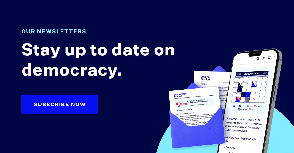 DemocracyDocket's tweet card. Be part of an engaged community fighting for democracy, voting rights and truth.