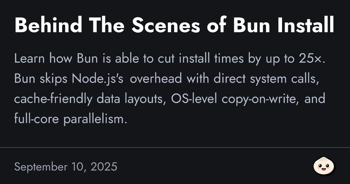 jamonholmgren's tweet card. Learn how Bun is able to cut install times by up to 25×. Bun skips Node.js's overhead with direct system calls, cache-friendly data layouts, OS-level copy-on-write, and full-core parallelism.