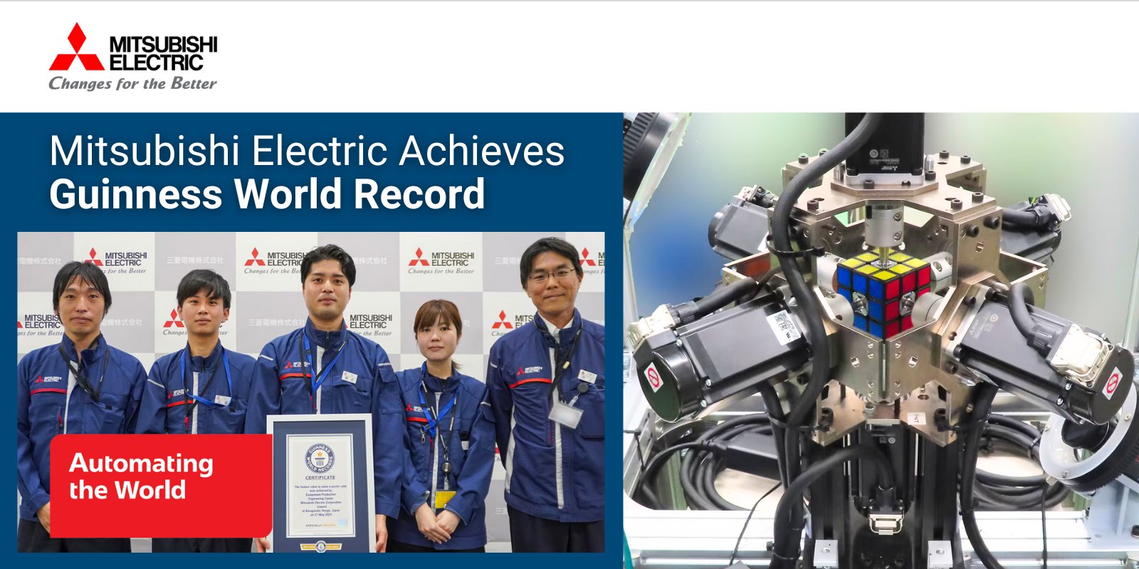 MitsubishiElect's tweet card. Mitsubishi Electric has been awarded the Guinness World Record for the fastest robot to solve a puzzle cube with high-speed, high-precision FA automation equipment.