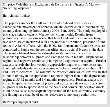 IluAhmad_'s tweet card. The paper examines the spillover effect of crude oil price shocks to exchange rate movement of appreciation and depreciation in Nigeria using monthly data ranging from January 2004- June 2019. The stu
