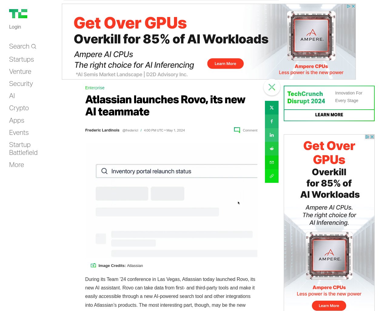 managetech_inc's tweet card. アトラシアンは本日、ラスベガスで開催中の Team '24 カンファレンスで、新しい AI アシスタン