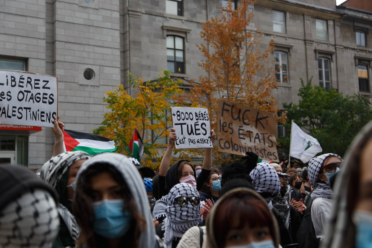 mokhanreports's tweet card. Students from Concordia and McGill walkout of classes on Oct. 7 to protest the ongoing genocide in Palestine and call for both universities to divest from Israel.