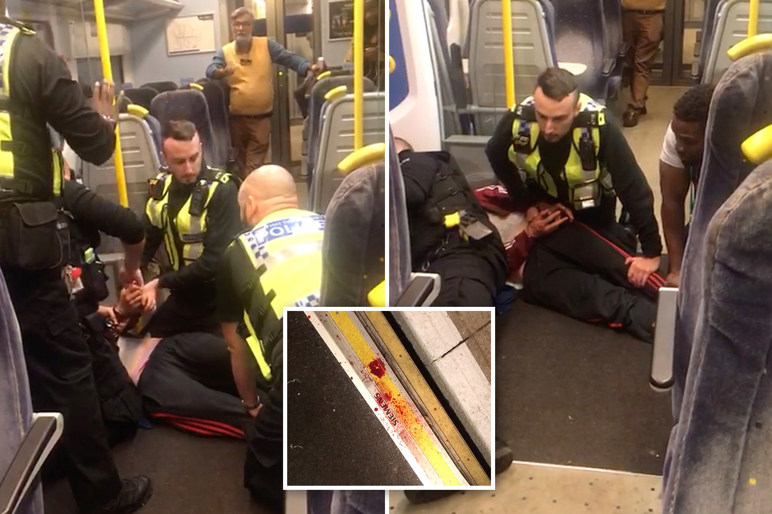 TheSun's tweet card. A TRAIN passenger accused of fare dodging claims cops knocked out his teeth as they chucked him off a train. Footage shows four British Transport Police (BTP) officers grappling with the handcuffed…