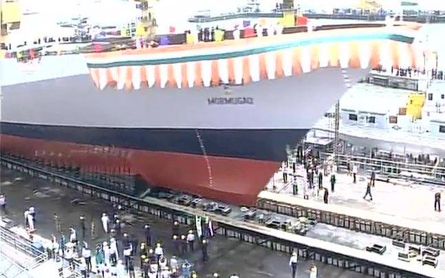 IndiaToday's tweet card. The Second Ship of Project-15B, guided missile destroyer, Mormugao was launched at Mazagaon Dock Ship Builders Limited (MDL) in Mumbai today.