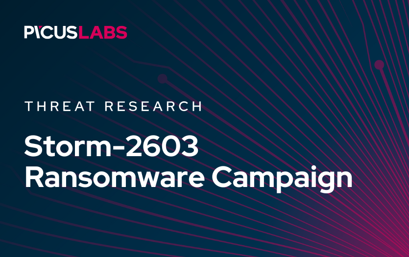 PicusSecurity's tweet card. Storm-2603 ransomware targeting Microsoft SharePoint — TTP analysis. Strengthen defenses with Picus Platform.