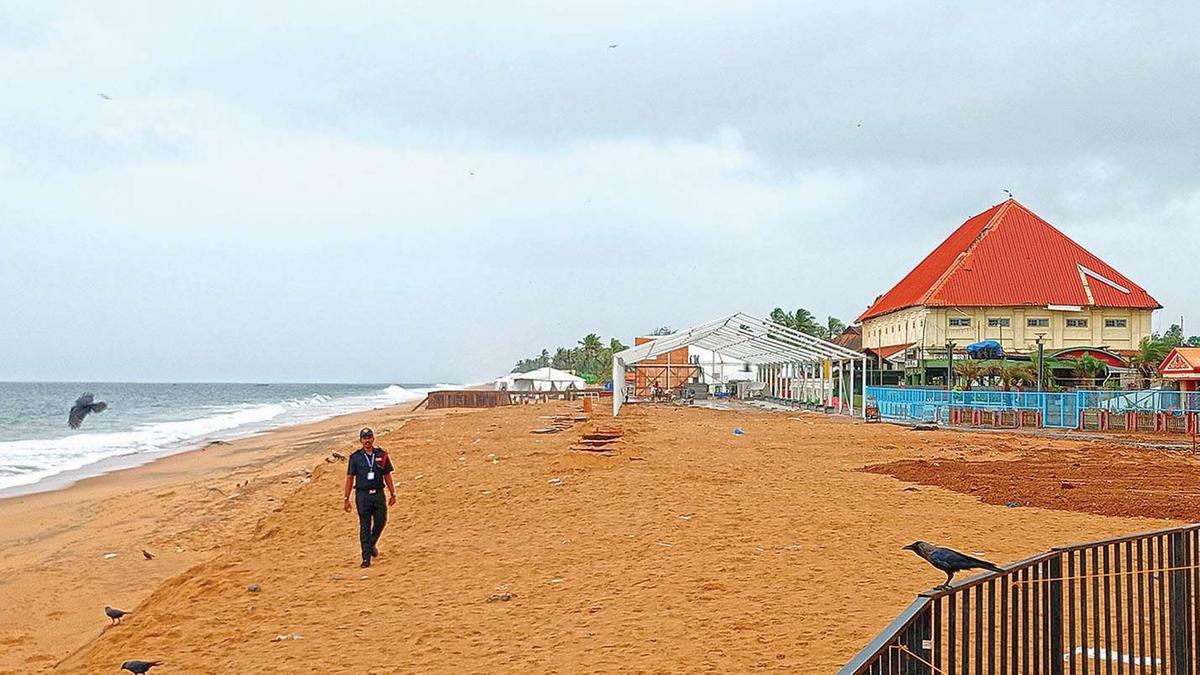 mathrubhumieng's tweet card. Thiruvananthapuram gears up for Navy Day: An artificial shore at Shankumukham is ready for naval ships, aerial displays and dignitary viewing pavilions.