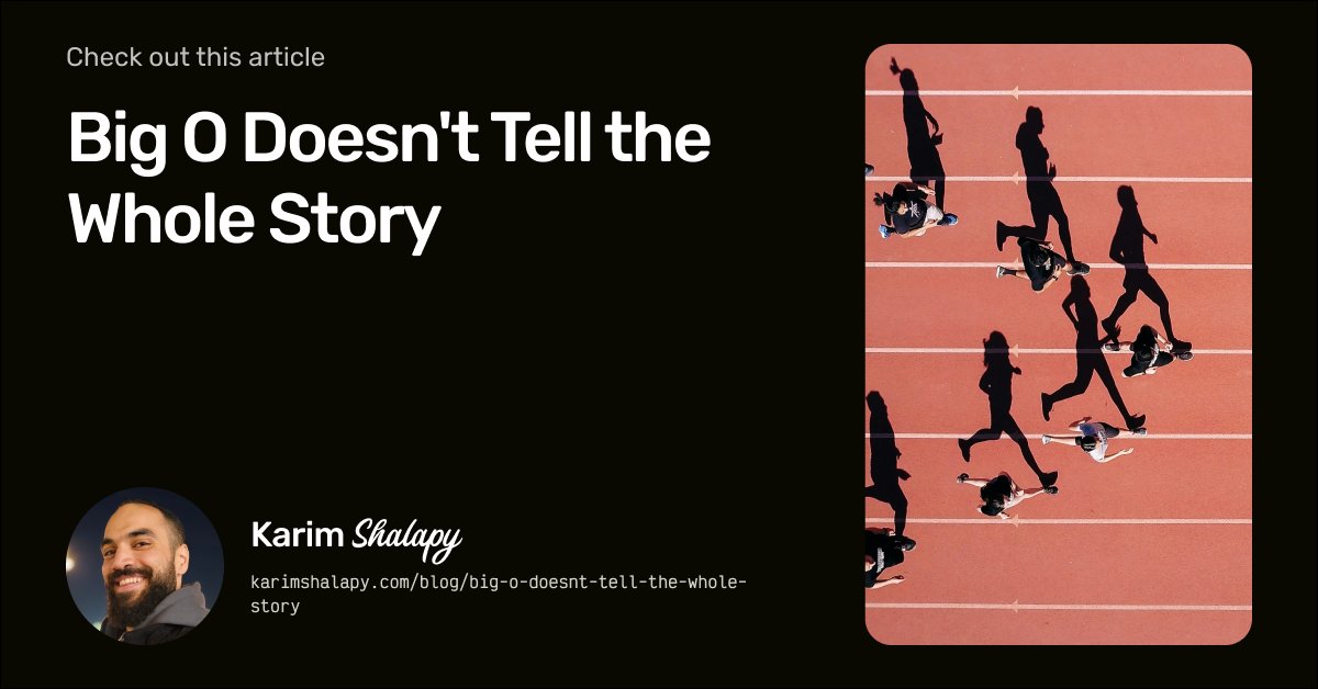 KarimShalapy's tweet card. Discover why Big O notation isn't enough for performance analysis. Deep dive into V8's Array.slice() and learn why built-in methods outperform custom code.