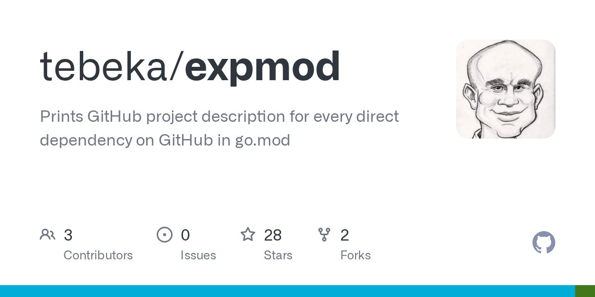 tebeka's tweet card. Prints GitHub project description for every direct dependency on GitHub in go.mod - tebeka/expmod