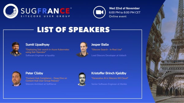 SitecoreugF's tweet card. Exciting News! 🚀 I'm thrilled to announce the next Sitecore User Group France online event, happening on the 22nd of November from 6 to 8 PM CET. 📆 Join us for an insig