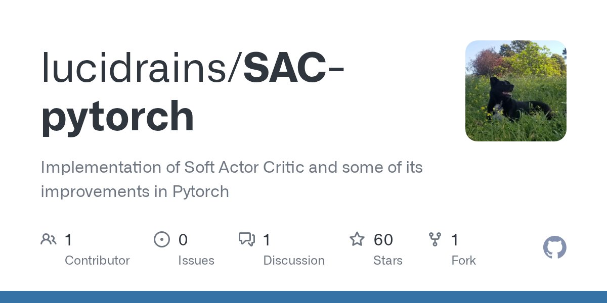 PyTorchPractice's tweet card. Implementation of Soft Actor Critic and some of its improvements in Pytorch - lucidrains/SAC-pytorch