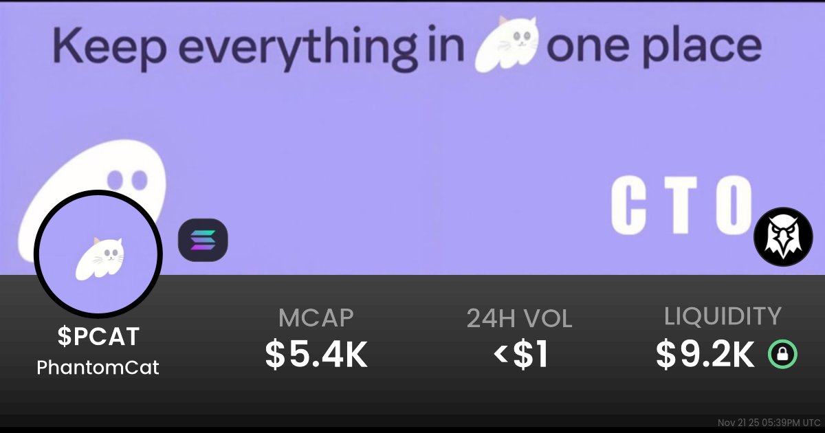 cto_pcat's tweet card. $0.000006067 PhantomCat ($PCAT) realtime price charts, trading history and info - $PCAT / SOL on Solana / Raydium