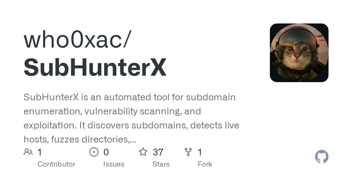 who0xac's tweet card. SubHunterX is an automated tool for subdomain enumeration, vulnerability scanning, and exploitation. It discovers subdomains, detects live hosts, fuzzes directories, scans ports, identifies vulner...