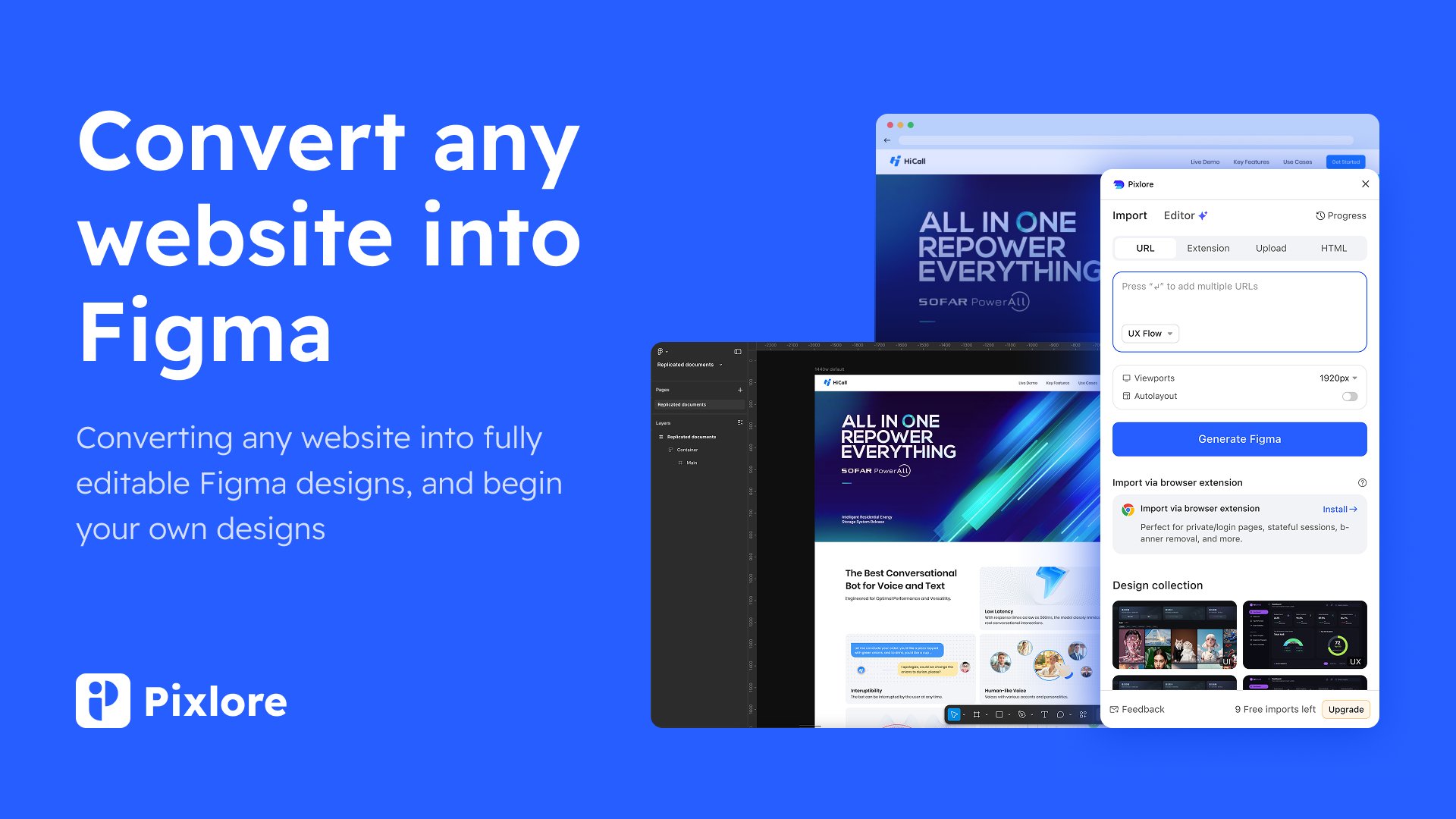 PixloreAi's tweet card. Converts any website or HTML code into fully editable Figma designs. You can use an existing website, import its HTML into Figma, and begin your own designs—no need to create every element from the...