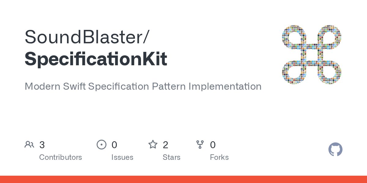 egormerkushev's tweet card. Modern Swift Specification Pattern Implementation. Contribute to SoundBlaster/SpecificationKit development by creating an account on GitHub.