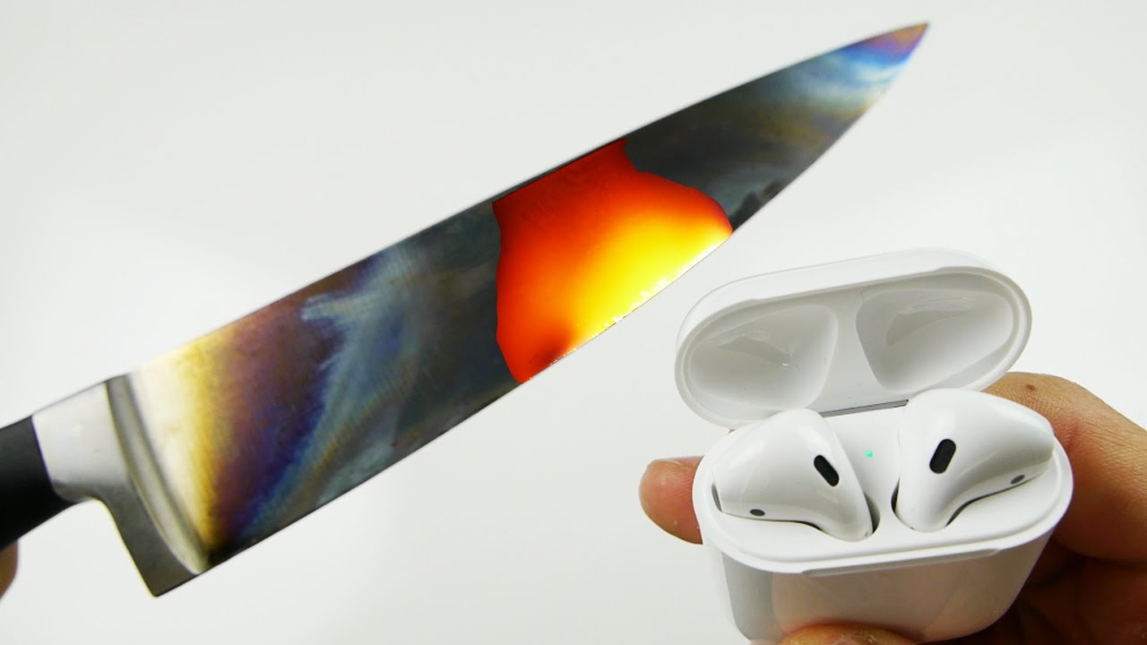 TechVOG's tweet card. AirPods vs 1000 Degree Glowing Hot Knife!