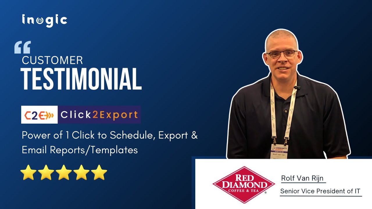 inogic's tweet card. Customer Testimonial | Power of 1 Click to Schedule, Export and Email...