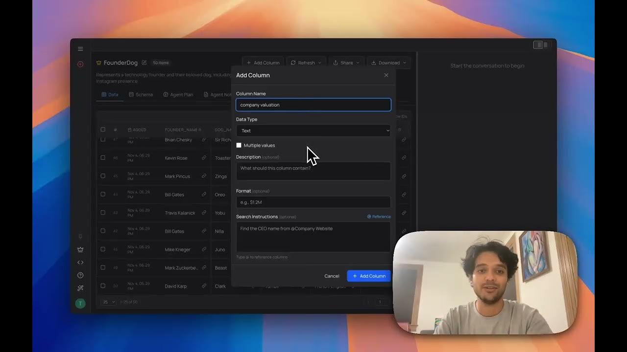 WebhoundAI's tweet card. New Webhound Features: Start from existing dataset and manual column...