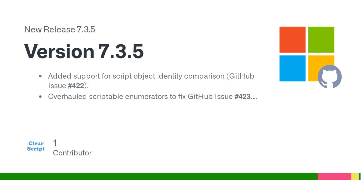 ClearScriptLib's tweet card. Added support for script object identity comparison (GitHub Issue #422). Overhauled scriptable enumerators to fix GitHub Issue #423. Eliminated default V8 platform to fix process exit deadlock on W...