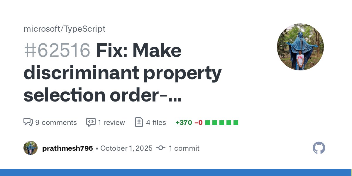 PrathmeshS796's tweet card. Fix: Make discriminant property selection order-independent in unions Summary This PR fixes an issue where TypeScript's narrowing for discriminated unions depended on the order of union mem...