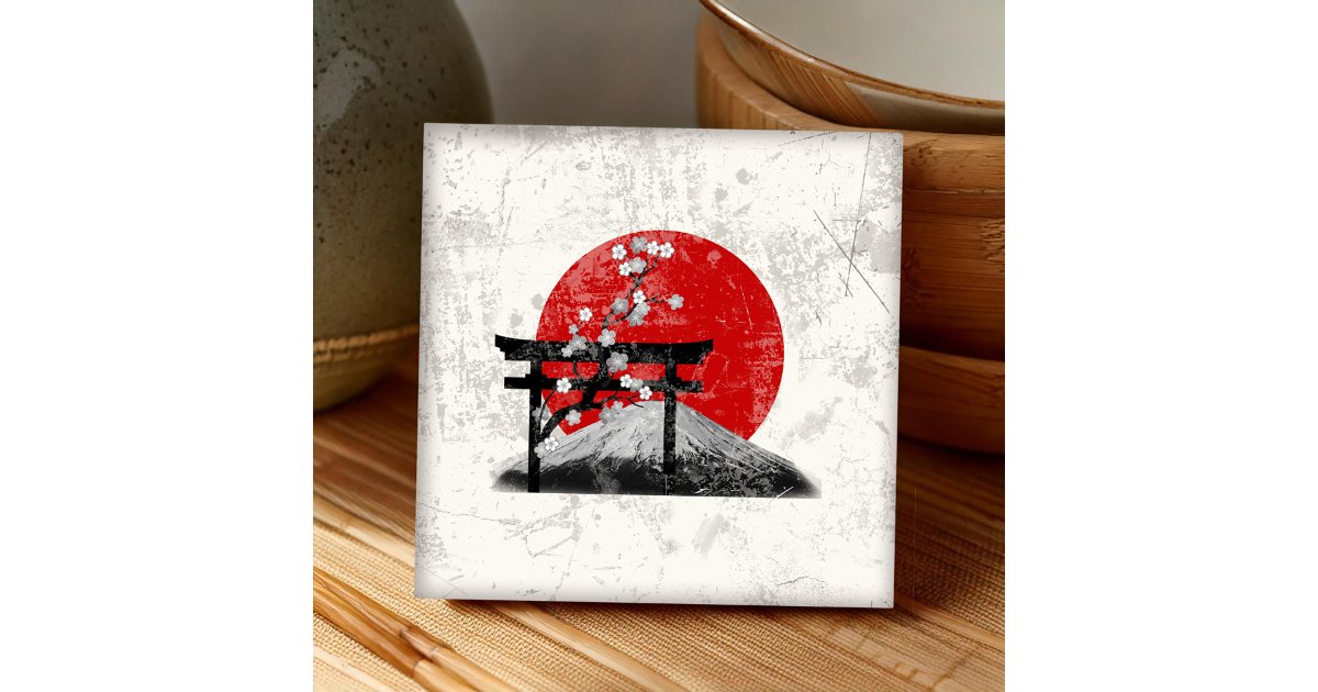 ArrayStores's tweet card. This patriotic ceramic tile design features the flag of Japan overlaying images of Mount Fuji, cherry blossoms and a torii gate... all with a modern, distressed effect. Search ID153 to see other...