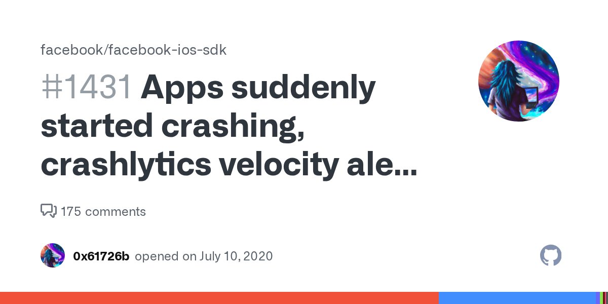 johnsundell's tweet card. Firebase Crashlytics started to send velocity alerts on ( at the moment ) 4 of our apps, around 10 minutes ago Podfile: pod 'FBSDKCoreKit', '~> 6.2' pod 'FBSDKGamingServicesK...