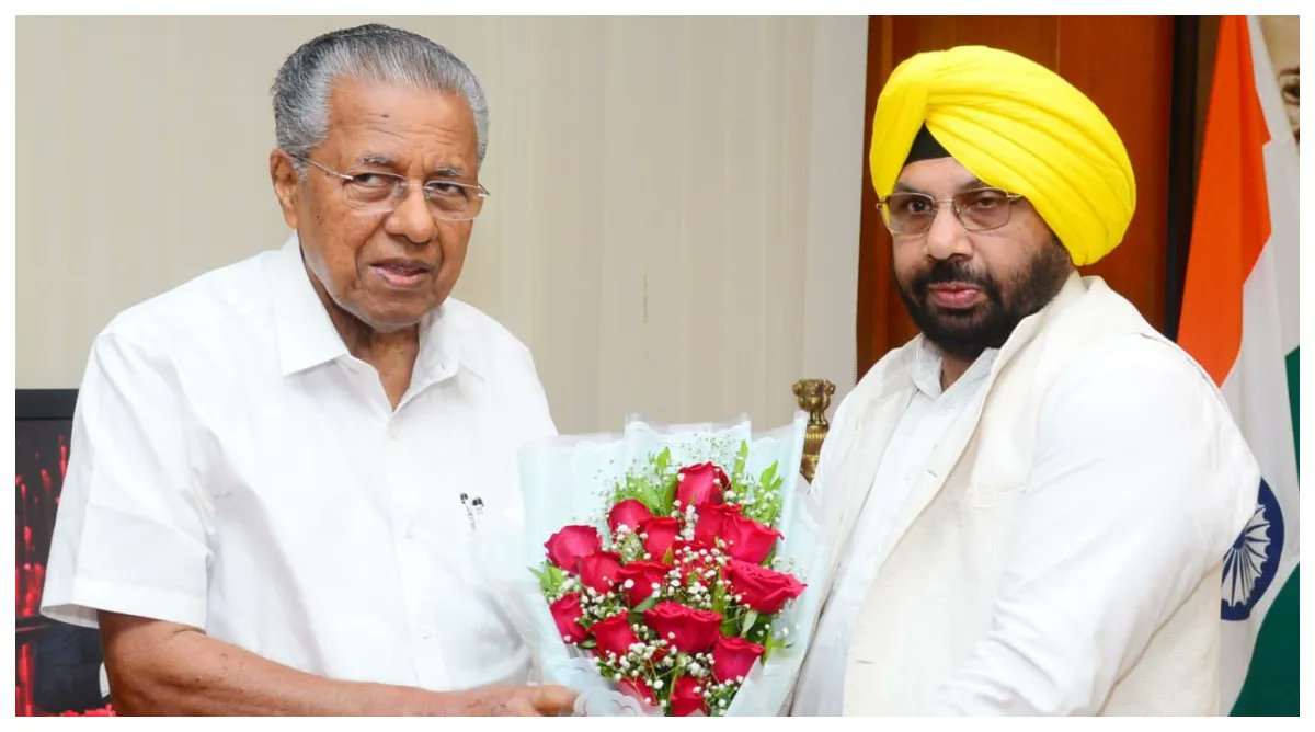 HindiKhabar's tweet card. Punjab News : पंजाब के लोक निर्माण मंत्री हरभजन सिंह ई.टी.ओ. ने आज तिरुवनंतपुरम में केरल के मुख्यमंत्री पिनाराई विजयन से भेंट की और श्री