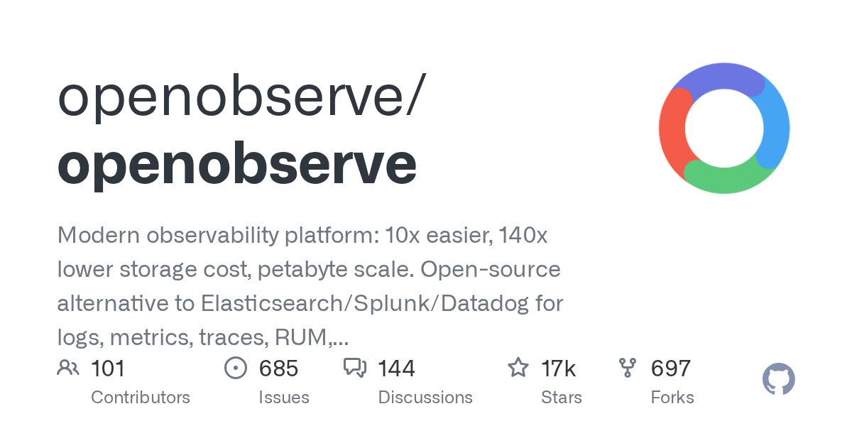 RustTrending's tweet card. Modern observability platform: 10x easier, 140x lower storage cost, petabyte scale. Open-source alternative to Elasticsearch/Splunk/Datadog for logs, metrics, traces, RUM, and more. - openobserve/o...