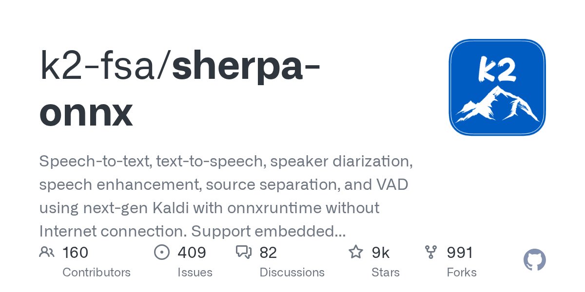 github_trends's tweet card. Speech-to-text, text-to-speech, speaker diarization, speech enhancement, source separation, and VAD using next-gen Kaldi with onnxruntime without Internet connection. Support embedded systems, Andr...