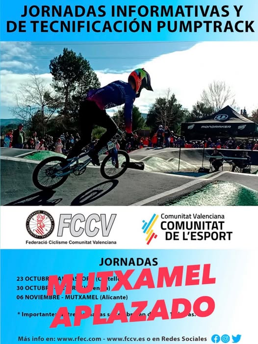 PalomarJulian's tweet card. La FCCV informa que la Jornada de Tecnificación de Pumptrack que se iba a celebrar este jueves 6 de noviembre en Mutxamel, queda aplazada. Desde el ente federativo se asegura que próximamente se da…
