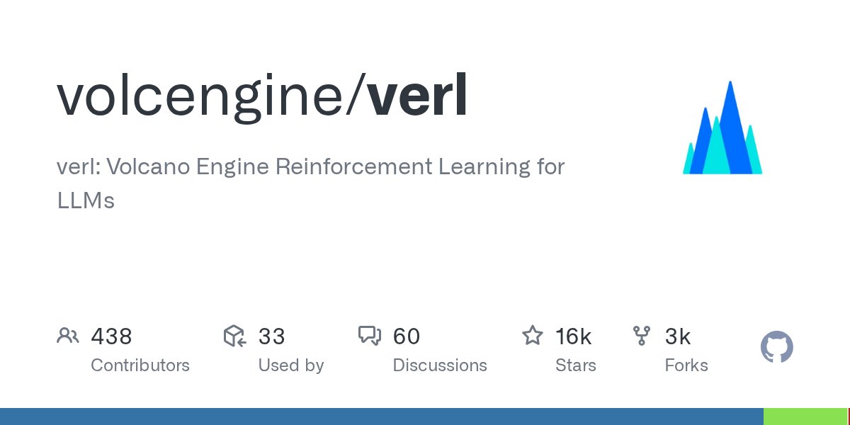 GitHubGPT's tweet card. verl: Volcano Engine Reinforcement Learning for LLMs - volcengine/verl