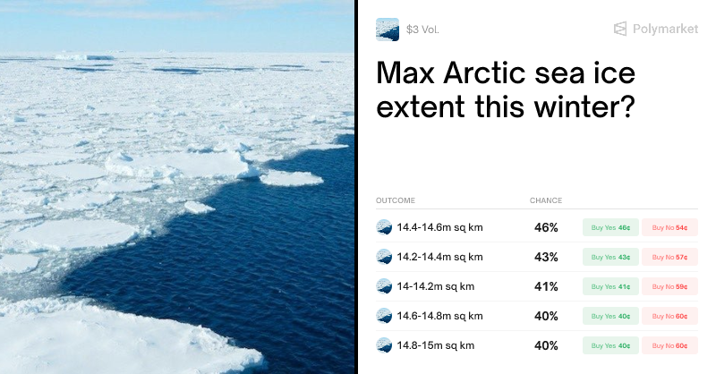 Polynoob_'s tweet card. Real-time odds on "Max Arctic sea ice extent this winter?" as of November 21, 2025.