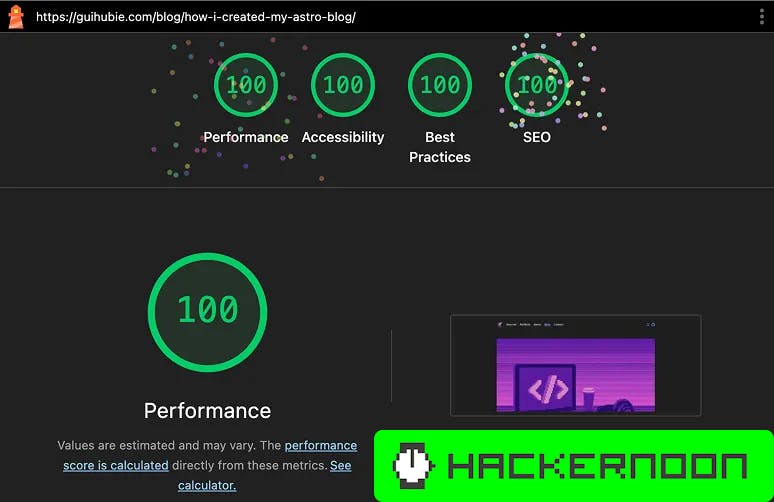 hackernoon's tweet card. Want a perfect 100 Lighthouse score? Stop trying to optimize WordPress themes or fighting with bloated frameworks. Just use Astro.