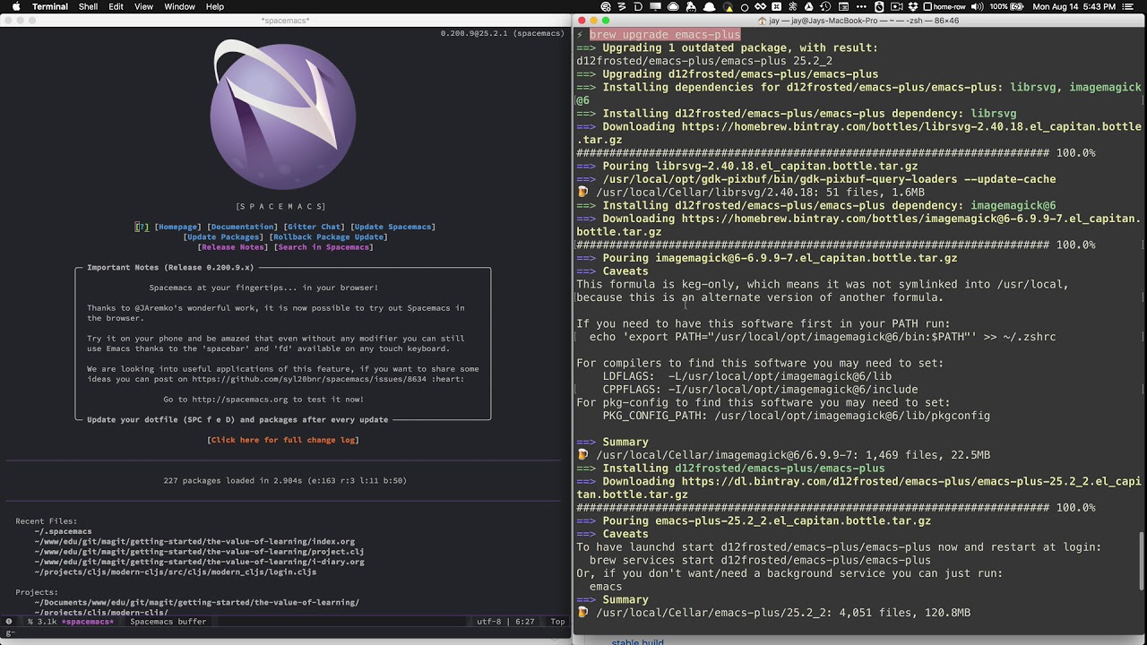 webappzero's tweet card. Update Emacs Under Spacemacs with Spotlight Working : )