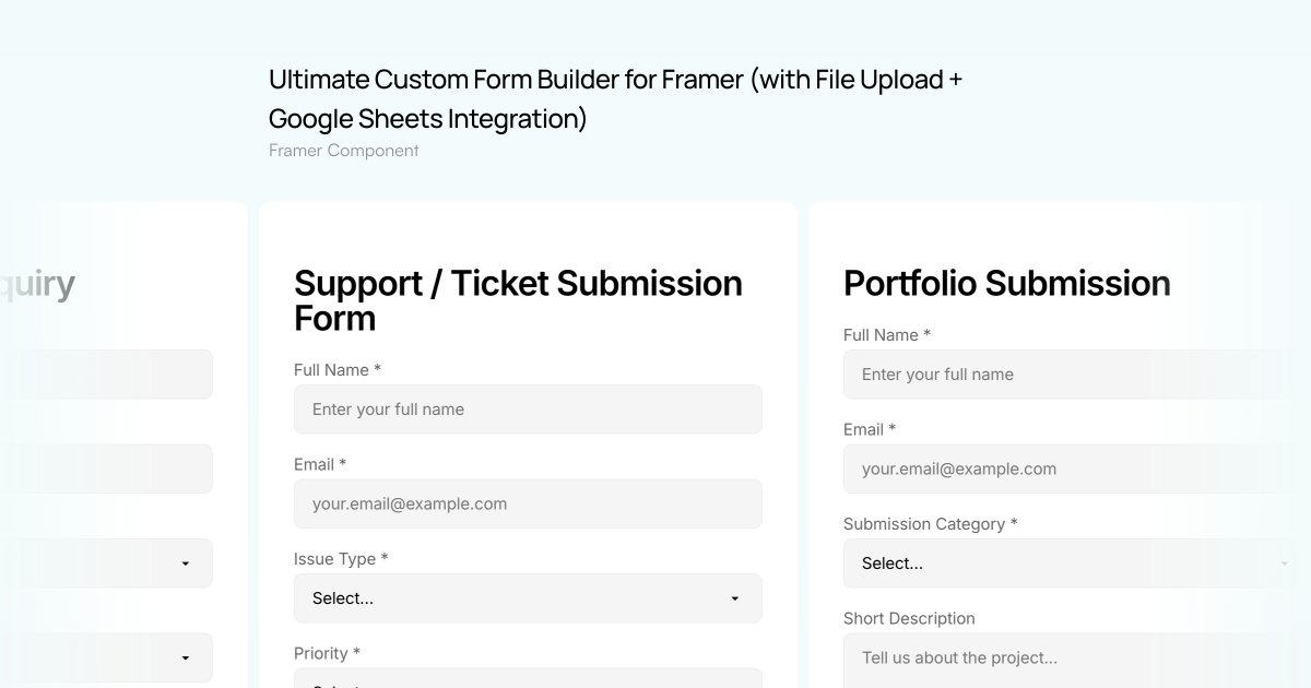 uxbiswarup's tweet card. Create advanced forms in Framer with drag-and-drop file uploads, dynamic fields, validation, and Google Sheets integration. A fully customizable Framer form builder for SaaS, agencies, and creators.
