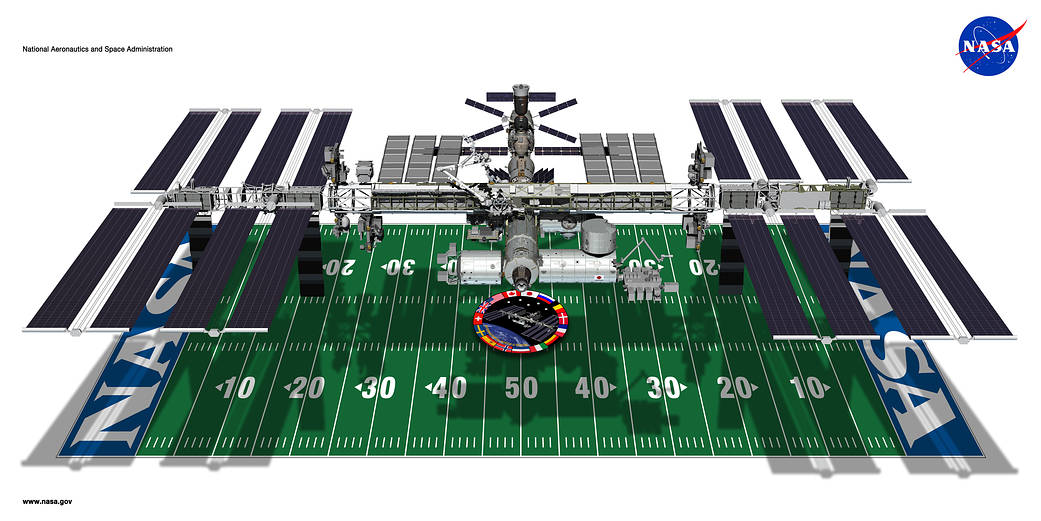 NASA's tweet card. The International Space Station measures 357 feet end-to-end. That’s almost equivalent to the length of a football field including the end zones (360 feet).