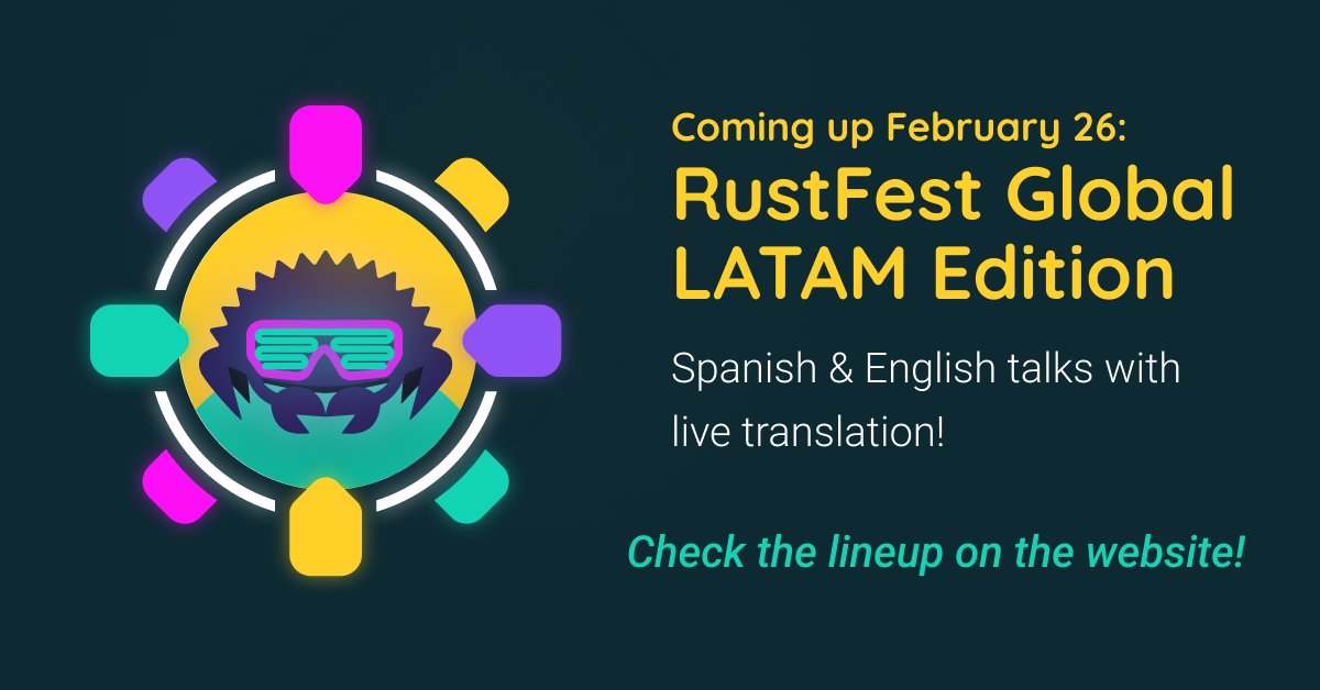 RustFest's tweet card. Conferencia de Rust comunitaria en español e inglés. Community Rust conference in English & Spanish.