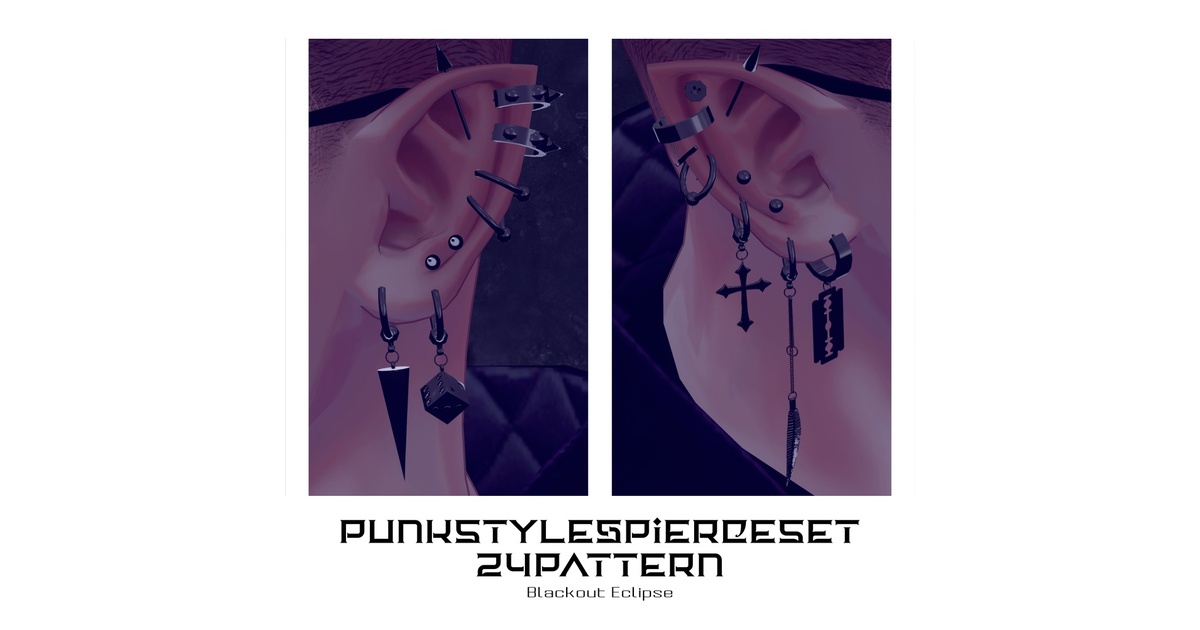 8lackoutEclipse's tweet card. Punk系デザインのピアス24種類セットです。 拡張用ShapeKey入りのモデルがあります。 揺らせるタイプのモデルにはPhysBoneが設定済みですが、お好みで調整してください。