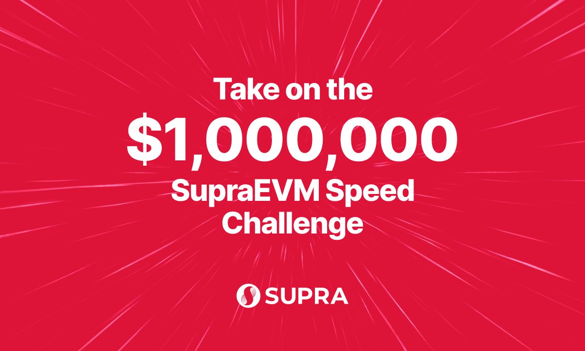 JoshuaTobkin's tweet card. Win $1,000,000 from Supra CEO Joshua Tobkin by building an open-source EVM executor that beats SupraBTM by 15 percent. Enter using the official Beta Bounty setup.