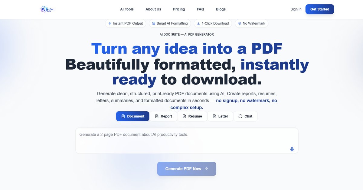ai_doc_suite's tweet card. Generate structured, print-ready PDF files instantly using the AI Doc Suite AI PDF Generator. Create reports, resumes, letters, essays, and more — no signup, no watermark.